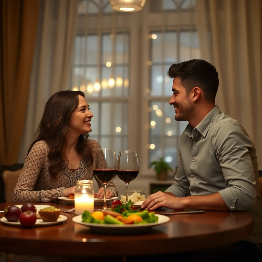 "Couple preparing a romantic dinner together at home"